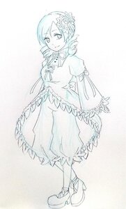 Rating: Safe Score: 0 Tags: 1girl dress drill_hair flower full_body hair_ornament image juliet_sleeves kanaria long_sleeves monochrome puffy_sleeves smile solo standing tomoe_mami traditional_media twin_drills twintails User: admin