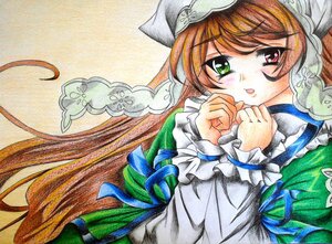 Rating: Safe Score: 0 Tags: 1girl brown_hair frills green_eyes hat heterochromia image long_hair long_sleeves looking_at_viewer marker_(medium) pastel_(medium) solo suiseiseki traditional_media upper_body very_long_hair User: admin