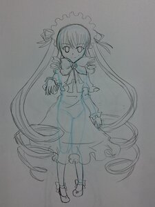 Rating: Safe Score: 0 Tags: 1girl bowtie closed_mouth dress full_body greyscale image long_hair long_sleeves looking_at_viewer monochrome shinku simple_background solo standing traditional_media very_long_hair User: admin