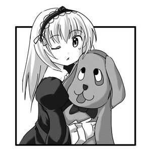 Rating: Safe Score: 0 Tags: 1girl bow closed_mouth dress greyscale hairband image juliet_sleeves long_hair long_sleeves looking_at_viewer monochrome one_eye_closed puffy_sleeves solo stuffed_animal suigintou upper_body User: admin