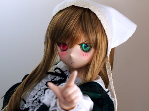 Rating: Safe Score: 0 Tags: 1girl blonde_hair blurry blurry_foreground blush brown_hair closed_mouth depth_of_field doll frills green_eyes grey_background heterochromia long_hair long_sleeves looking_at_viewer outstretched_arm pointing_at_viewer red_eyes simple_background solo suiseiseki User: admin