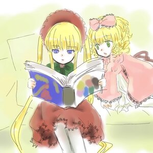 Rating: Safe Score: 0 Tags: 2girls blonde_hair bloomers blue_eyes bonnet book bow dress green_eyes hina_ichigo hinaichigo image long_hair long_sleeves looking_at_viewer multiple_girls open_book pair pink_bow red_dress shinku underwear User: admin