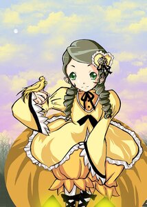 Rating: Safe Score: 0 Tags: 1girl animal bird bird_on_hand brown_hair dress drill_hair frills green_eyes green_hair image kanaria long_sleeves smile solo standing twin_drills yellow_dress User: admin