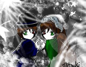 Rating: Safe Score: 0 Tags: brown_hair dress green_eyes hat heterochromia holding_hands image interlocked_fingers long_sleeves looking_at_viewer multiple_girls pair red_eyes siblings sisters souseiseki suiseiseki twins User: admin