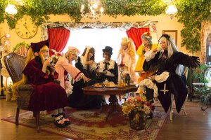 Rating: Safe Score: 0 Tags: blonde_hair chair dress food hat long_hair multiple_boys multiple_cosplay multiple_girls sitting table tagme umbrella wings User: admin