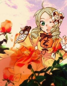 Rating: Safe Score: 0 Tags: 1girl blonde_hair dress drill_hair flower green_eyes hat image kanaria long_sleeves one_eye_closed orange_dress puffy_sleeves ribbon ringlets rose solo twin_drills User: admin