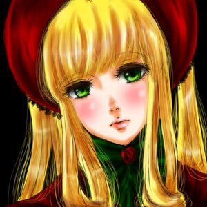 Rating: Safe Score: 0 Tags: 1girl bangs black_background blonde_hair blush eyelashes face flower green_eyes hat image lips long_hair looking_at_viewer portrait rose shinku simple_background solo User: admin