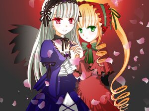 Rating: Safe Score: 0 Tags: 2girls black_wings blonde_hair dress drill_hair flower green_eyes hairband holding_hands image interlocked_fingers long_hair long_sleeves looking_at_viewer multiple_girls pair petals red_eyes rose rose_petals shinku silver_hair smile suigintou twintails wings User: admin
