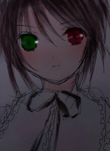 Rating: Safe Score: 0 Tags: 1girl bangs closed_mouth expressionless eyebrows_visible_through_hair green_eyes hair_between_eyes hariruri image looking_at_viewer red_eyes shirt simple_background solo souseiseki User: admin