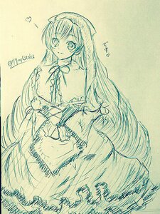 Rating: Safe Score: 0 Tags: 1girl blush capelet dress eyebrows_visible_through_hair frills image long_hair long_sleeves looking_at_viewer monochrome ribbon smile solo suiseiseki traditional_media User: admin