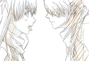 Rating: Safe Score: 0 Tags: 1boy 1girl barasuishou couple face-to-face from_side image long_hair looking_at_another monochrome profile solo User: admin