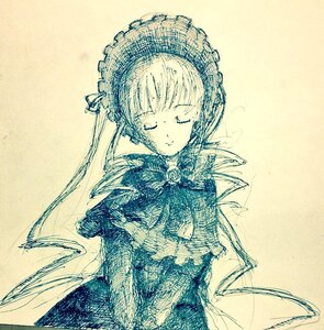 Rating: Safe Score: 0 Tags: 1girl bangs bonnet capelet closed_eyes closed_mouth dress flower frills image long_hair long_sleeves monochrome rose shinku simple_background smile solo suigintou traditional_media upper_body very_long_hair yellow_background User: admin