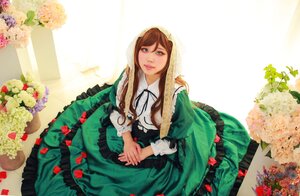 Rating: Safe Score: 0 Tags: 1girl brown_hair dress flower green_dress green_eyes hands_clasped long_hair long_sleeves own_hands_together solo striped suiseiseki User: admin