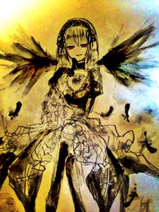 Rating: Safe Score: 0 Tags: 1girl black_wings dress feathered_wings feathers frills hairband image long_sleeves looking_at_viewer monochrome rose smile solo standing suigintou wings User: admin