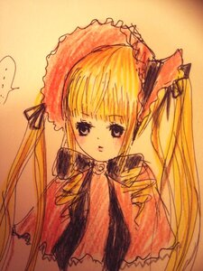 Rating: Safe Score: 0 Tags: ... 1girl bangs black_ribbon blonde_hair bonnet bow dress frills hair_ribbon image long_hair long_sleeves looking_at_viewer ribbon shinku simple_background solo spoken_ellipsis traditional_media twin_drills twintails upper_body very_long_hair User: admin