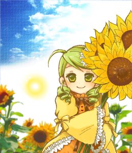Rating: Safe Score: 0 Tags: 1girl ahoge blurry day depth_of_field dress field flower flower_field frills green_eyes green_hair image kanaria kazami_yuuka long_sleeves sky smile solo sunflower User: admin