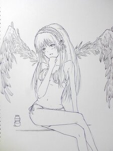 Rating: Safe Score: 0 Tags: 1girl angel_wings bikini blush feathered_wings greyscale hairband image long_hair monochrome navel side-tie_bikini sitting solo suigintou swimsuit traditional_media wings User: admin