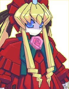 Rating: Safe Score: 0 Tags: 1girl blonde_hair blue_eyes bow image long_hair no_humans pink_rose rose shinku sidelocks solo twintails User: admin