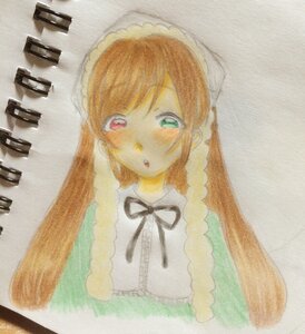 Rating: Safe Score: 0 Tags: 1girl :o auto_tagged black_ribbon braid brown_hair dress frills green_eyes heterochromia image long_hair looking_at_viewer photo red_eyes simple_background solo suiseiseki traditional_media upper_body User: admin