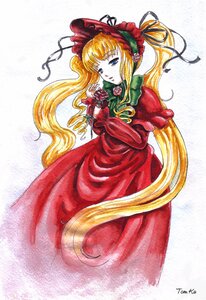 Rating: Safe Score: 0 Tags: 1girl blonde_hair blue_eyes bonnet dress flower image long_hair long_sleeves looking_at_viewer marker_(medium) red_dress rose shinku signature solo traditional_media twintails very_long_hair User: admin