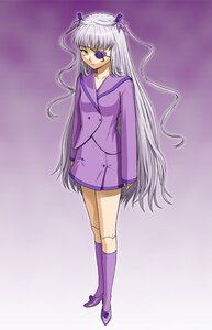 Rating: Safe Score: 0 Tags: 1girl barasuishou eyepatch full_body gradient gradient_background green_eyes image kneehighs long_hair long_sleeves purple_background purple_footwear purple_legwear purple_skirt purple_theme sailor_collar silver_hair skirt solo standing two_side_up very_long_hair User: admin
