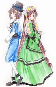 Rating: Safe Score: 0 Tags: 2girls blue_dress brown_hair dress frills full_body green_dress hat heterochromia image long_hair long_sleeves looking_at_viewer multiple_girls pair red_eyes siblings simple_background sisters smile souseiseki standing suiseiseki top_hat twins very_long_hair User: admin