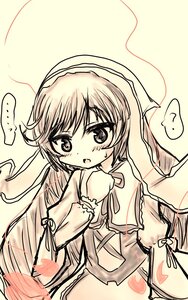Rating: Safe Score: 0 Tags: ... 1girl ? blush dress hat image long_hair long_sleeves looking_at_viewer looking_back monochrome open_mouth solo speech_bubble spoken_ellipsis spoken_question_mark suiseiseki sweatdrop very_long_hair User: admin