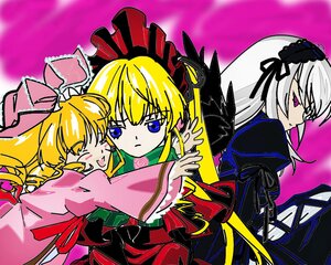 Rating: Safe Score: 0 Tags: 3girls black_wings blonde_hair blue_eyes bow closed_eyes dress flower frills green_neckwear hairband hug image long_hair long_sleeves multiple multiple_girls pink_background rose shinku smile suigintou tagme wings User: admin