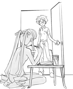 Rating: Safe Score: 0 Tags: 1boy 1girl glasses greyscale hair_ribbon image long_hair monochrome pants ponytail ribbon shinku shirt sitting solo User: admin