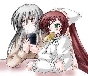 Rating: Safe Score: 0 Tags: 2girls blush eating food green_eyes grey_hair image long_hair long_sleeves multiple_girls pair red_eyes silver_hair simple_background suigintou suiseiseki User: admin