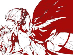 Rating: Safe Score: 0 Tags: 1girl blood blood_splatter bloody_hands dress hairband image monochrome red_theme short_hair sketch smile solo spot_color suigintou wings User: admin