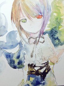 Rating: Safe Score: 0 Tags: 1girl bangs closed_mouth frills green_eyes hariruri image short_hair solo souseiseki traditional_media upper_body watercolor_(medium) User: admin