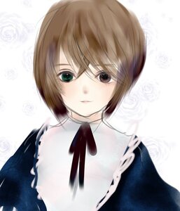 Rating: Safe Score: 0 Tags: 1boy apron bangs black_neckwear black_ribbon brown_hair closed_mouth green_eyes heterochromia image looking_at_viewer neck_ribbon ribbon shirt solo souseiseki upper_body User: admin