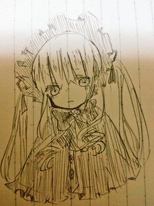 Rating: Safe Score: 0 Tags: 1girl eyebrows_visible_through_hair hair_between_eyes hata_no_kokoro image long_hair long_sleeves looking_at_viewer monochrome shinku solo traditional_media User: admin