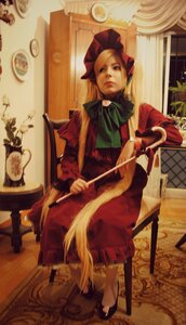 Rating: Safe Score: 0 Tags: 1girl auto_tagged barefoot blonde_hair blue_eyes bonnet bow chair cup curtains dress indoors long_hair painting_(object) realistic red_dress shinku sitting solo teacup User: admin