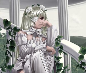 Rating: Safe Score: 0 Tags: 1girl bare_shoulders curtains dress eyepatch flower frills image kirakishou long_hair long_sleeves plant rose solo vines white_flower white_rose window User: admin
