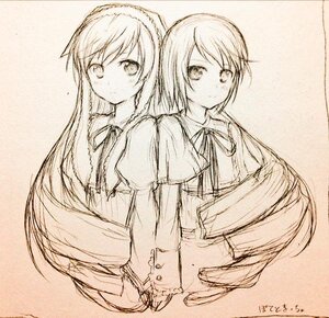 Rating: Safe Score: 0 Tags: 2girls braid dress image long_hair long_sleeves looking_at_viewer monochrome multiple_girls no_hat no_headwear pair puffy_sleeves short_hair sketch souseiseki suiseiseki very_long_hair User: admin