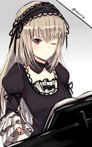 Rating: Safe Score: 0 Tags: 1girl ;) bangs black_dress black_ribbon blush book brown_eyes closed_mouth commentary_request detached_collar dress eyebrows_visible_through_hair frilled_sleeves frills gothic gothic_lolita hairband highres holding i.f.s.f image instrument juliet_sleeves long_hair long_sleeves looking_at_viewer one_eye_closed piano puffy_long_sleeves puffy_sleeves ribbon rozen_maiden sketch smile solo suigintou twitter_username User: admin