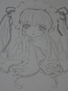 Rating: Safe Score: 0 Tags: 1girl bangs dress flower frills greyscale hat image lineart long_hair long_sleeves looking_at_viewer monochrome photo rose shinku simple_background solo traditional_media twintails upper_body very_long_hair User: admin