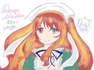 Rating: Safe Score: 0 Tags: 2girls apron bangs closed_mouth dated frills green_eyes heterochromia image long_hair looking_at_viewer multiple_girls red_eyes simple_background smile solo striped suiseiseki upper_body User: admin