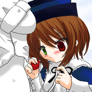 Rating: Safe Score: 0 Tags: 1girl blue_dress blush brown_hair dress eyebrows_visible_through_hair frills green_eyes hat holding image long_sleeves red_eyes short_hair simple_background solo souseiseki upper_body User: admin