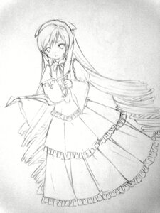 Rating: Safe Score: 0 Tags: 1girl auto_tagged dress full_body greyscale image long_hair long_sleeves looking_at_viewer monochrome solo suiseiseki very_long_hair User: admin