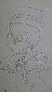 Rating: Safe Score: 0 Tags: 1girl capelet greyscale hat high_collar image long_sleeves monochrome neck_ribbon ribbon short_hair simple_background solo souseiseki traditional_media upper_body User: admin