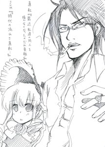 Rating: Safe Score: 0 Tags: 1boy 1girl bonnet cigarette flower frills glasses greyscale image long_sleeves monochrome mouth_hold rose shinku smoke smoking solo suigintou User: admin