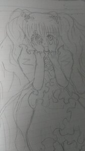 Rating: Safe Score: 0 Tags: 1girl dress frills hair_ornament image kirakishou long_hair long_sleeves looking_at_viewer monochrome sketch solo tears User: admin