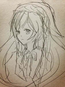 Rating: Safe Score: 0 Tags: 1girl closed_mouth greyscale hair_ribbon image long_hair monochrome ribbon simple_background sketch solo suiseiseki traditional_media upper_body User: admin