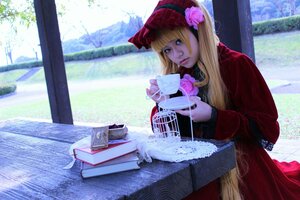 Rating: Safe Score: 0 Tags: 1girl blonde_hair blue_eyes book bow cup dress flower lips long_hair long_sleeves pink_flower pink_rose realistic red_dress rose shinku sitting solo table teacup window User: admin