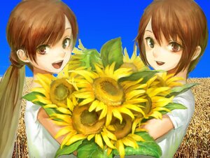 Rating: Safe Score: 0 Tags: 2girls :d bouquet brown_eyes brown_hair day dress field flower flower_field heterochromia image looking_at_viewer multiple_girls open_mouth pair short_hair siblings sisters sky smile souseiseki suiseiseki sunflower swept_bangs twins User: admin
