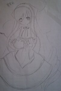 Rating: Safe Score: 0 Tags: 1girl auto_tagged dress hairband holding image long_hair long_sleeves looking_at_viewer monochrome ribbon simple_background sketch solo suiseiseki traditional_media very_long_hair User: admin