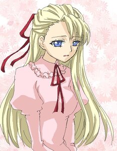 Rating: Safe Score: 0 Tags: 1girl blonde_hair blue_eyes image long_hair long_sleeves looking_at_viewer pink_dress pink_shirt red_ribbon ribbon shinku solo upper_body User: admin